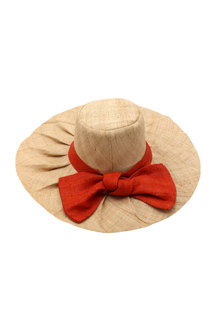 5" Brim Fan Straw Sun Hat with Big Coral orange/red bow and matching hatband on handmade natural loomed raffia pleated wide brim hat - Shebobo