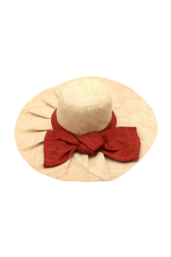 5" Brim Fan Straw Sun Hat with Big Whisky red/brown bow and matching hatband on handmade natural loomed raffia pleated wide brim hat - Shebobo