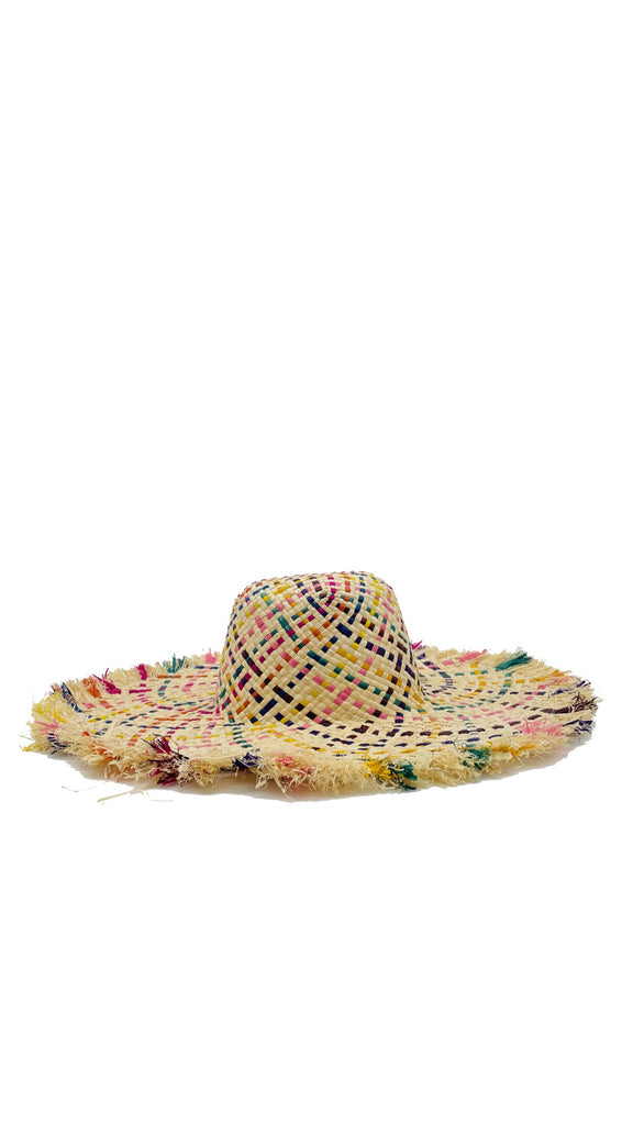 Side View 5" Brim Kat Confetti Multi Multicolor Straw Sun Hats with Raw Fringe Edge handmade woven raffia in a crosshatch pattern of yellow, saffron, pink, fuchsia, purple, seafoam, blue, bordeaux, turquoise, black, orange, and natural straw color with wide brim and hand brushed edge embellishment - Shebobo