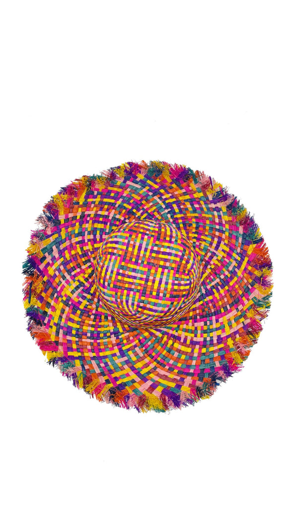 5" Brim Kat Raspberry Multi Multicolor Straw Sun Hats with Raw Fringe Edge handmade woven raffia in a crosshatch pattern of fuchsia pink, yellow, pink, caramel brown, purple, blue, bordeaux, turquoise, black, orange, and natural straw color with wide brim and hand brushed edge embellishment - Shebobo