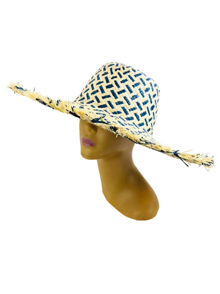 5" Brim Kat Turquoise Two Tone Multicolor Straw Sun Hats with Raw Fringe Edge handmade woven raffia in a crosshatch pattern of turquoise blue and natural straw color with wide brim and hand brushed edge embellishment - Shebobo