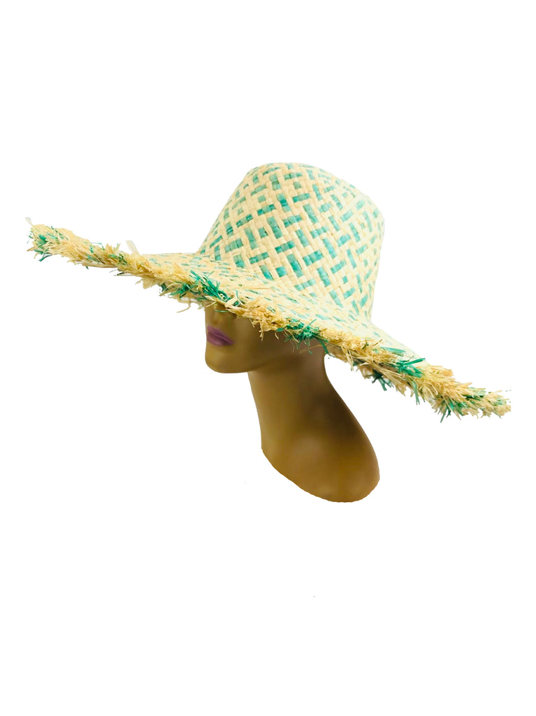 5" Brim Kat Seafoam Two Tone Multicolor Straw Sun Hats with Raw Fringe Edge handmade woven raffia in a crosshatch pattern of seafoam blue/green and natural straw color with wide brim and hand brushed edge embellishment - Shebobo