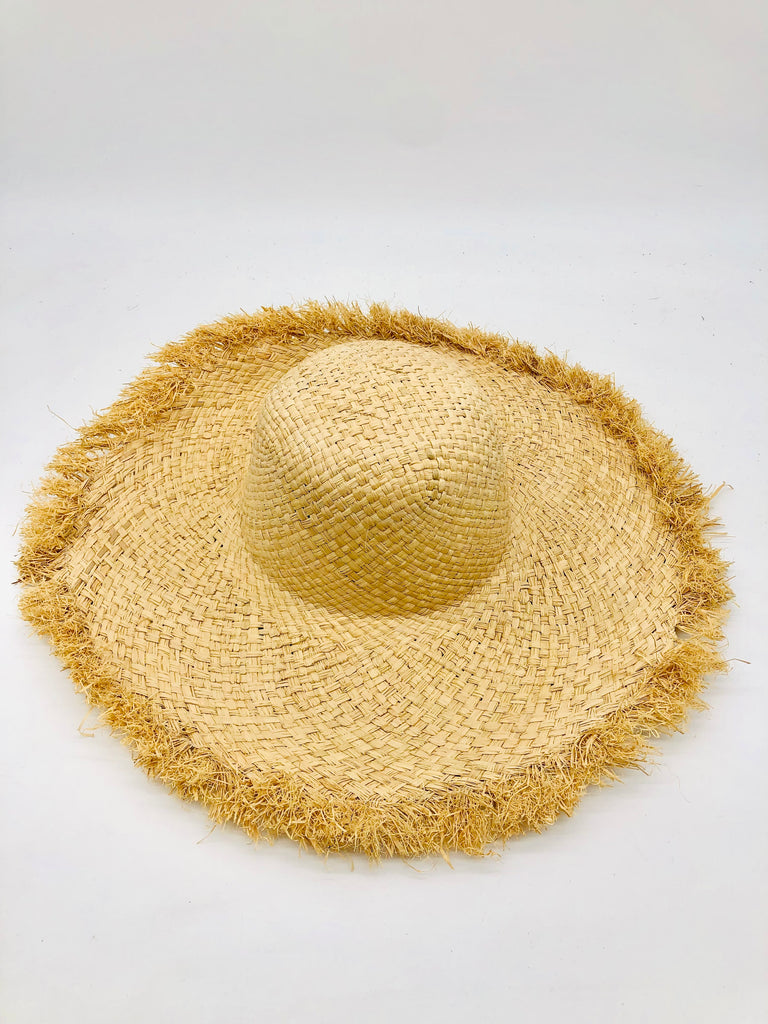 5" Brim Kat Natural Solid Colors Straw Sun Hat with Raw Fringe Edge handmade woven raffia in a solid hue of natural straw color with wide brim and hand brushed edge embellishment - Shebobo