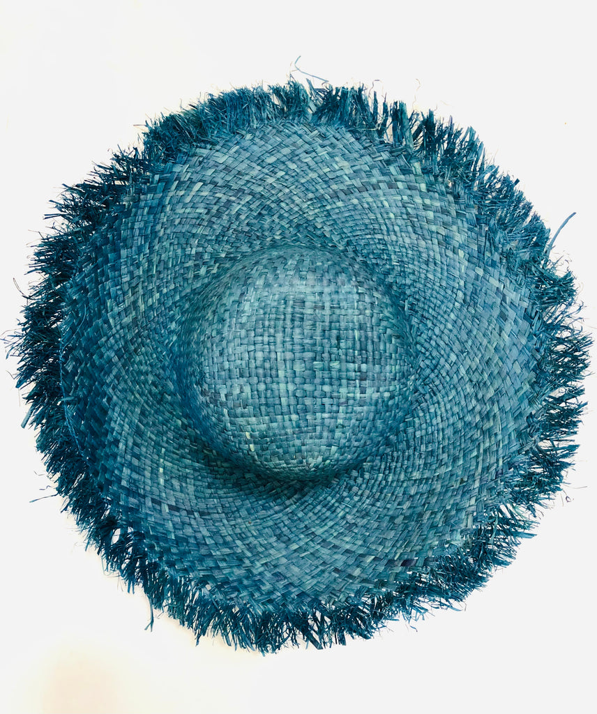 5" Brim Kat Turquoise Solid Colors Straw Sun Hat with Raw Fringe Edge handmade woven raffia in a solid hue of turquoise blue with wide brim and hand brushed edge embellishment - Shebobo