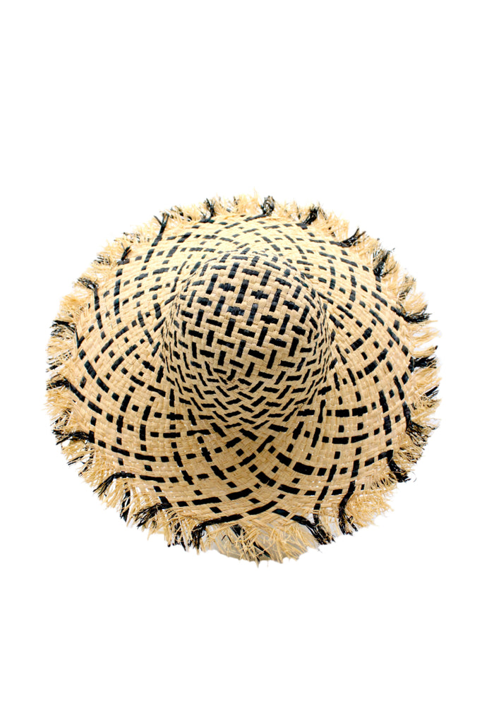 5" Brim Kat Black Two Tone Multicolor Straw Sun Hats with Raw Fringe Edge handmade woven raffia in a crosshatch pattern of black and natural straw color with wide brim and hand brushed edge embellishment - Shebobo