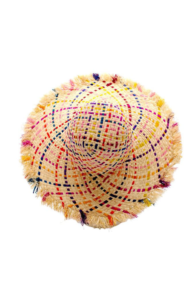 5" Brim Kat Confetti Multi Multicolor Straw Sun Hats with Raw Fringe Edge handmade woven raffia in a crosshatch pattern of yellow, saffron, pink, fuchsia, purple, seafoam, blue, bordeaux, turquoise, black, orange, and natural straw color with wide brim and hand brushed edge embellishment - Shebobo