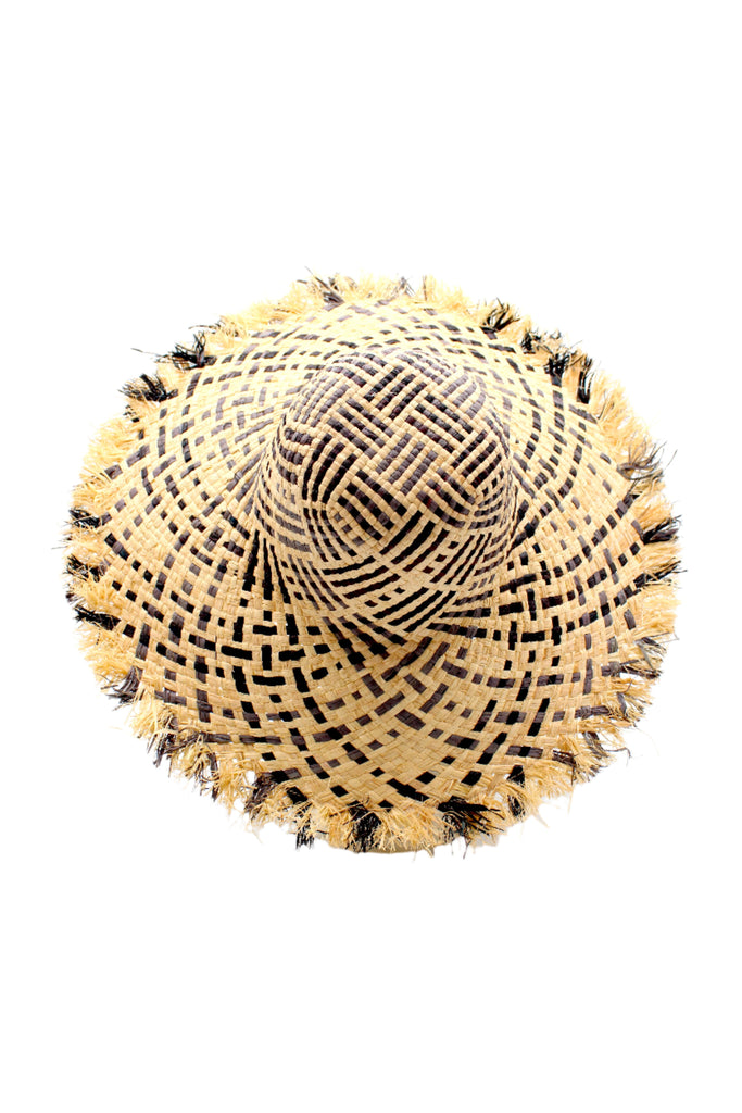 5" Brim Kat Grey Multi Multicolor Straw Sun Hats with Raw Fringe Edge handmade woven raffia in a crosshatch pattern of grey, black, and natural straw color with wide brim and hand brushed edge embellishment - Shebobo