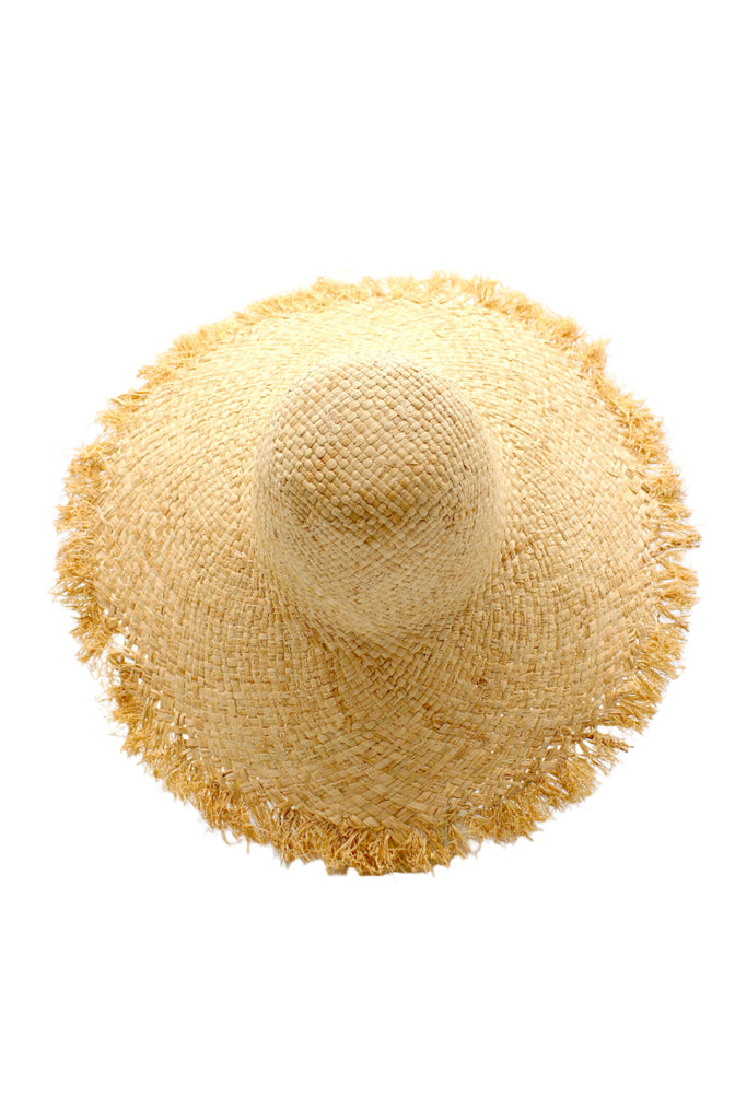 5" Brim Kat Natural Solid Colors Straw Sun Hat with Raw Fringe Edge handmade woven raffia in a solid hue of natural straw color with wide brim and hand brushed edge embellishment - Shebobo