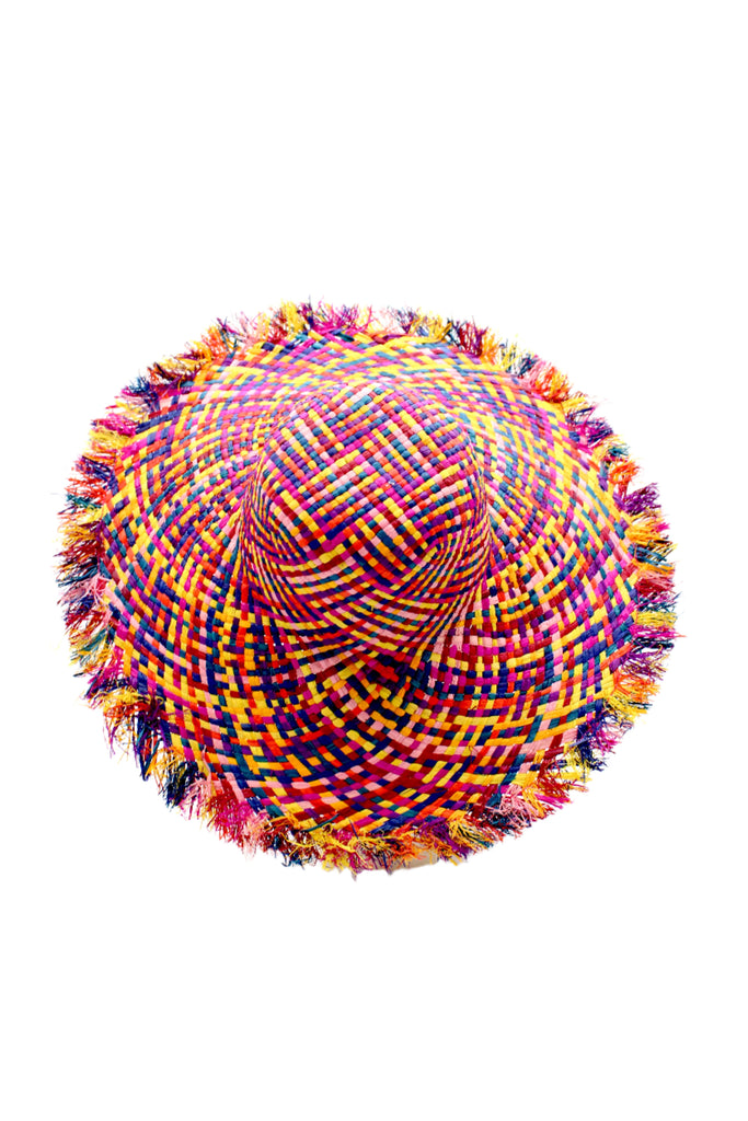 5" Brim Kat Raspberry Multi Multicolor Straw Sun Hats with Raw Fringe Edge handmade woven raffia in a crosshatch pattern of fuchsia pink, yellow, pink, caramel brown, purple, blue, bordeaux, turquoise, black, orange, and natural straw color with wide brim and hand brushed edge embellishment - Shebobo