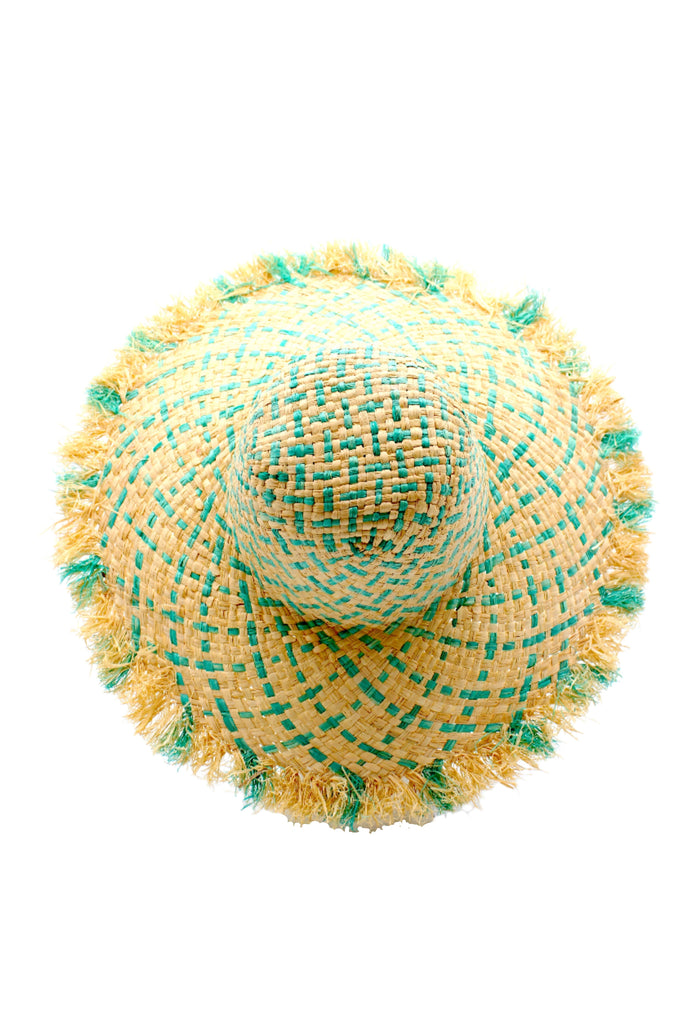 5" Brim Kat Seafoam Two Tone Multicolor Straw Sun Hats with Raw Fringe Edge handmade woven raffia in a crosshatch pattern of seafoam blue/green and natural straw color with wide brim and hand brushed edge embellishment - Shebobo