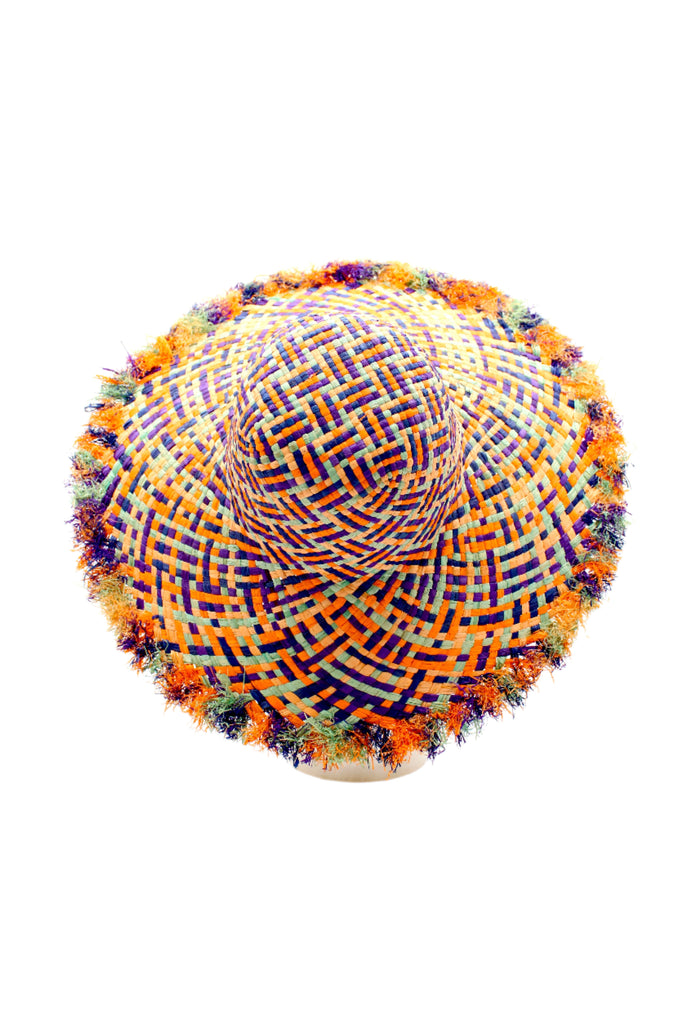 5" Brim Kat Turquoise Multi Multicolor Straw Sun Hats with Raw Fringe Edge handmade woven raffia in a crosshatch pattern of melon orange, orchid purple, navy blue, and turquoise blue with wide brim and hand brushed edge embellishment - Shebobo