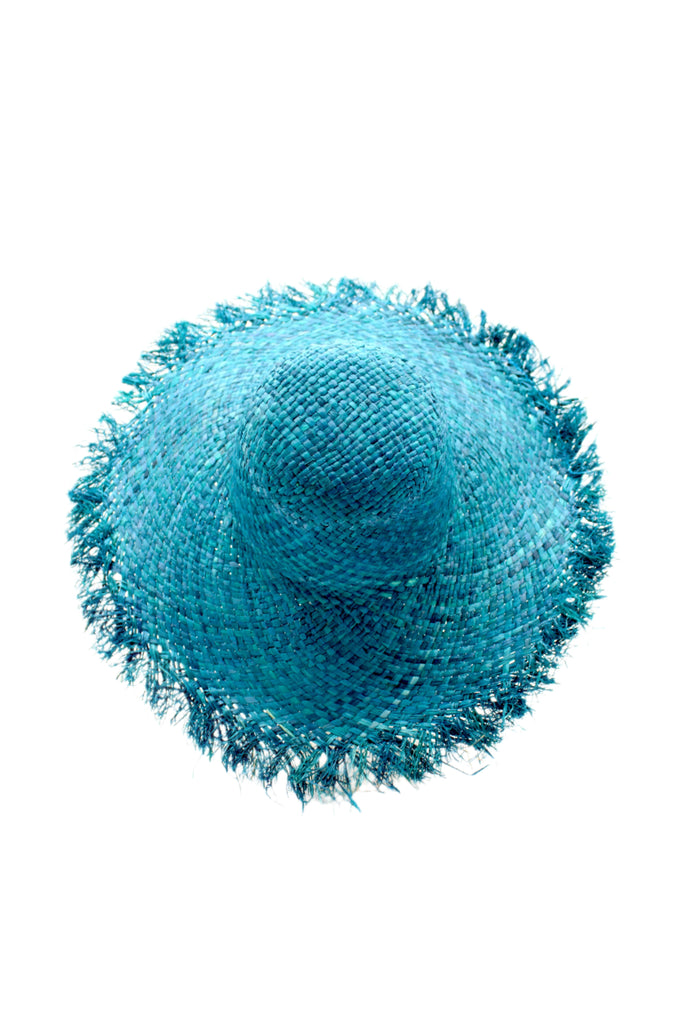 5" Brim Kat Turquoise Solid Colors Straw Sun Hat with Raw Fringe Edge handmade woven raffia in a solid hue of turquoise blue with wide brim and hand brushed edge embellishment - Shebobo