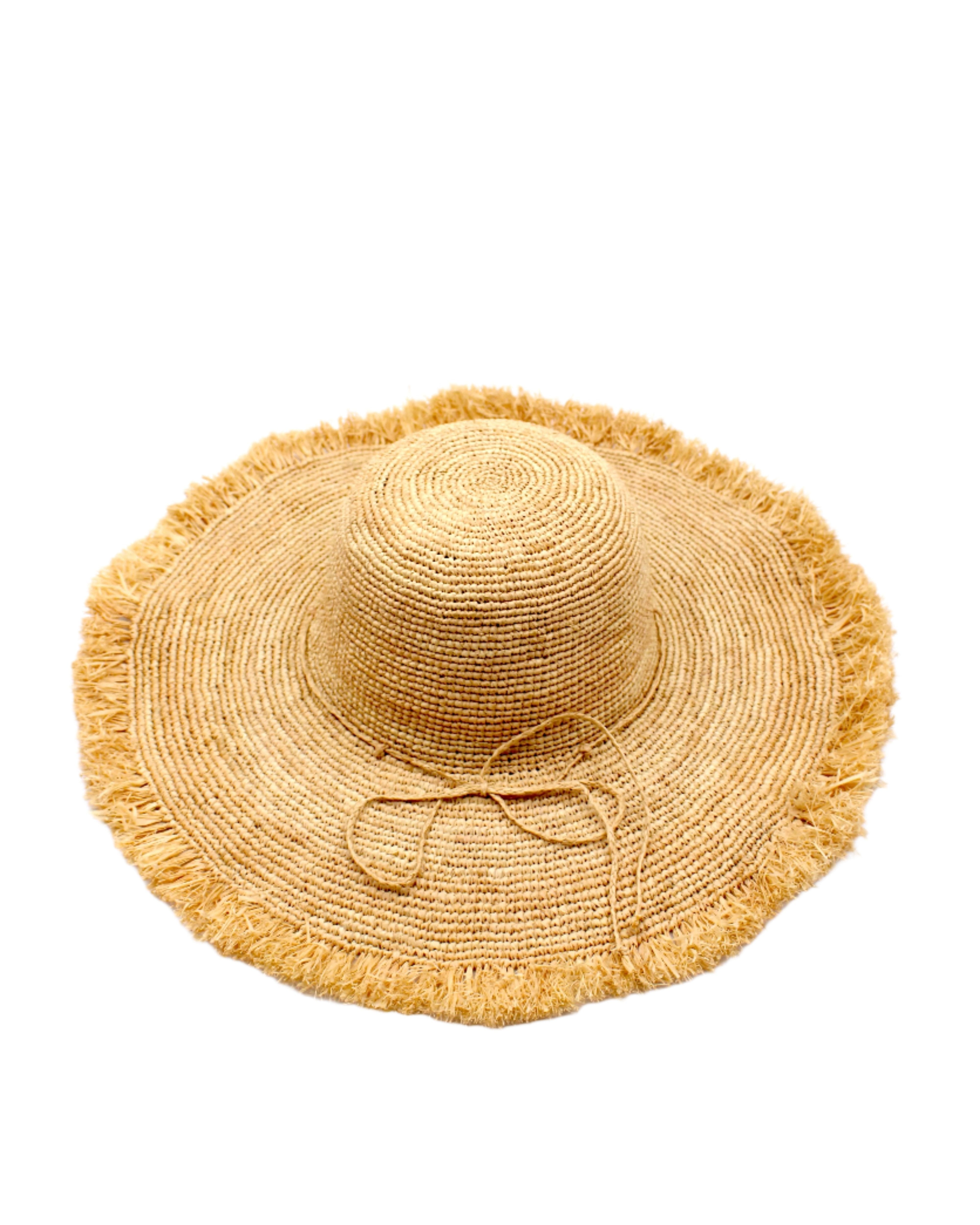5" Wide Brim Natural Meghan Crochet Straw Sun Hat with Raw Fringe Edge handmade woven natural raffia palm fiber in a solid hue of natural straw color with matching adjustable braided raffia hat band and brushed fringe edge embellishment - Shebobo