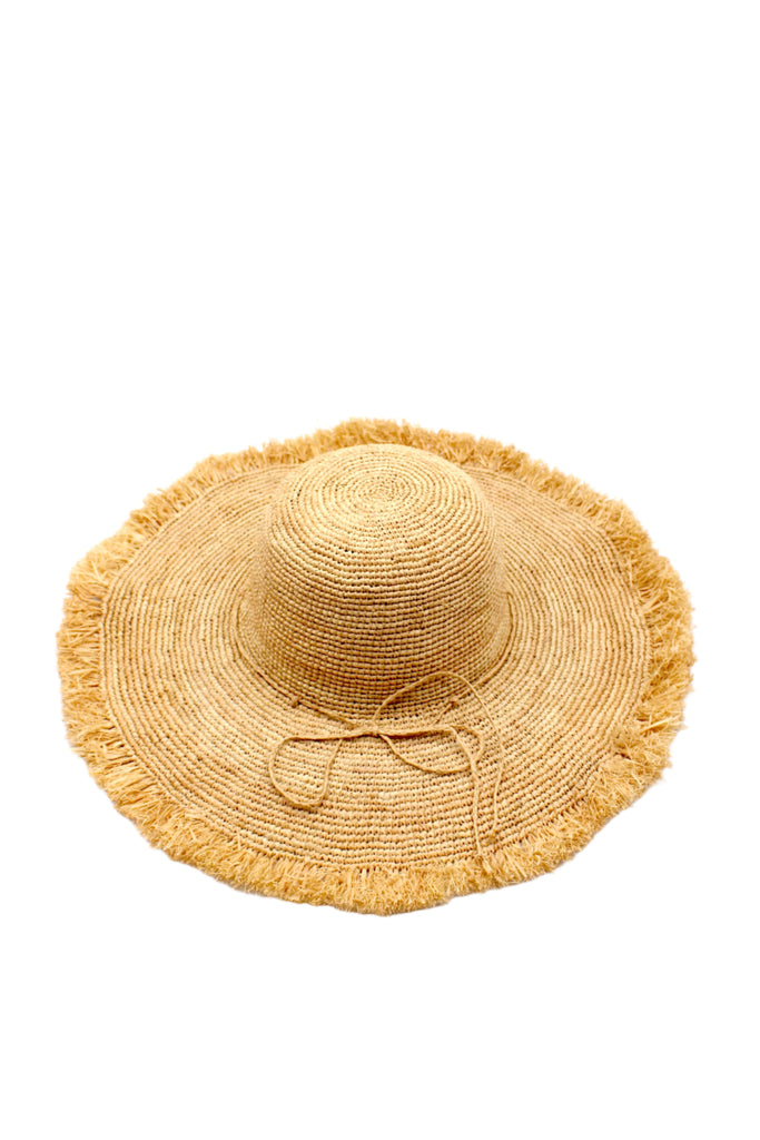 5" Wide Brim Natural Meghan Crochet Straw Sun Hat with Raw Fringe Edge handmade woven natural raffia palm fiber in a solid hue of natural straw color with matching adjustable braided raffia hat band and brushed fringe edge embellishment - Shebobo