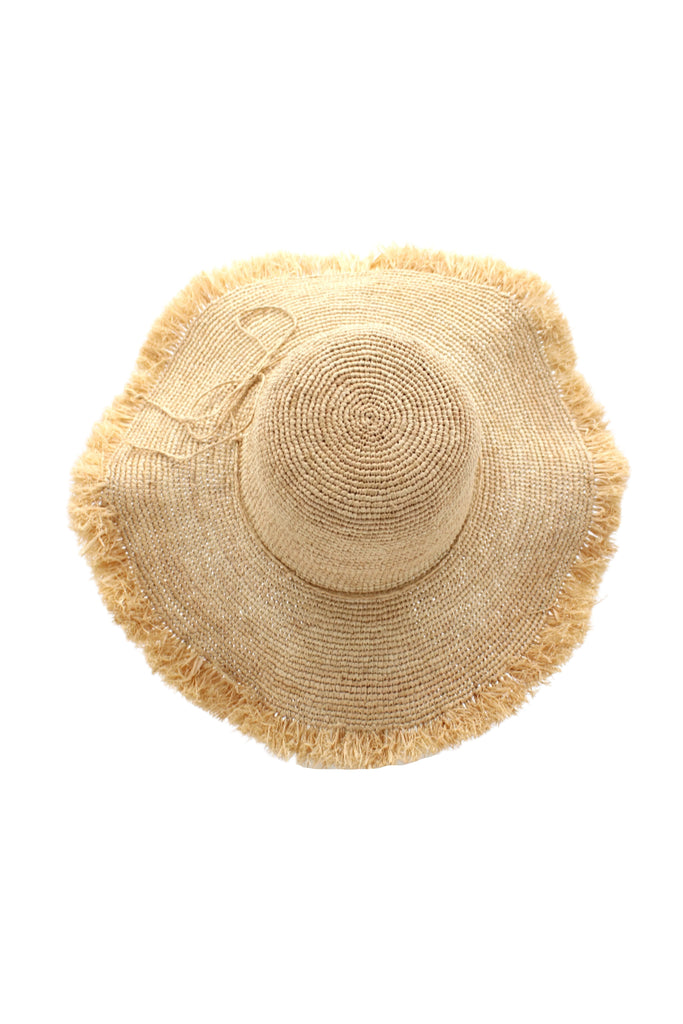 5" Wide Brim Natural Meghan Crochet Straw Sun Hat with Raw Fringe Edge handmade woven natural raffia palm fiber in a solid hue of natural straw color with matching adjustable braided raffia hat band and brushed fringe edge embellishment - Shebobo