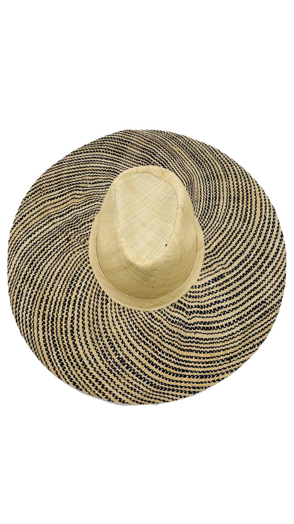 5" Brim Miramar Natural Two Tone Melange Straw Sun Hat handmade loomed raffia in a solid hue of black on the crown and natural straw color and black two tone melange heather pattern wide brim panama style - Shebobo