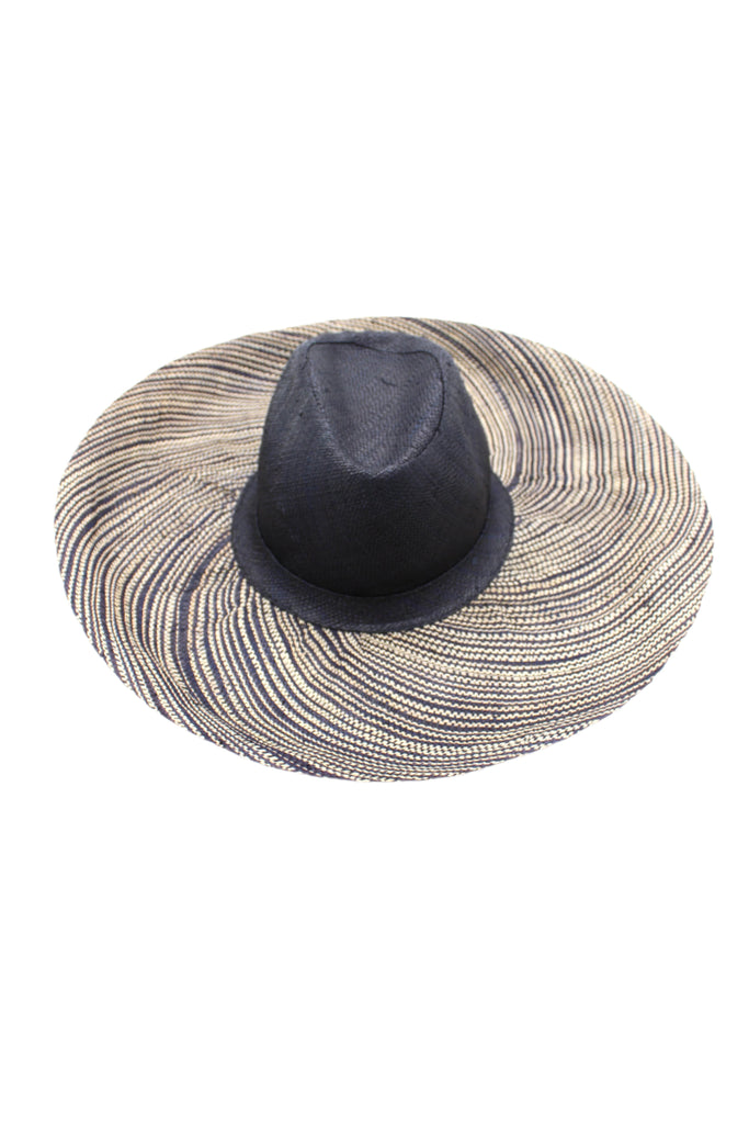 5" Brim Miramar Black Two Tone Melange Straw Sun Hat handmade loomed raffia in a solid hue of black on the crown and black/natural two tone melange heather pattern wide brim panama style - Shebobo