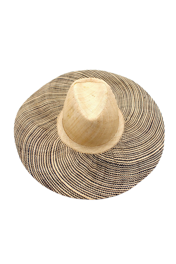 5" Brim Miramar Natural Two Tone Melange Straw Sun Hat handmade loomed raffia in a solid hue of black on the crown and natural straw color and black two tone melange heather pattern wide brim panama style - Shebobo