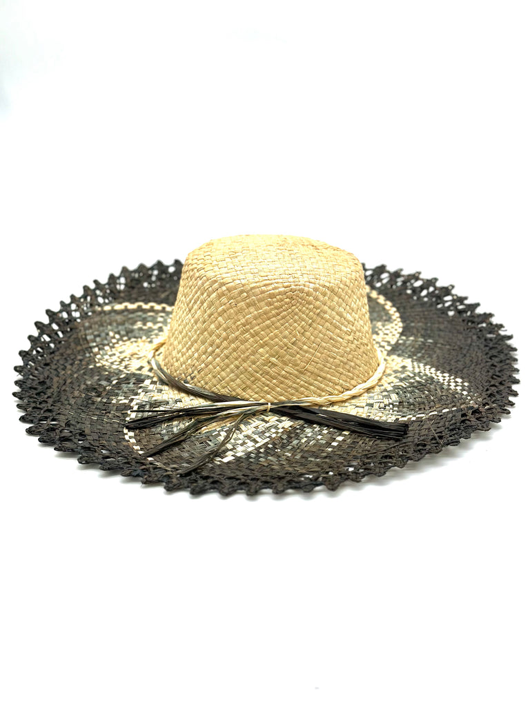 5" Brim Vanessa Ombre Straw Sun Hat Black and Natural handmade dip dye woven raffia with the color on the outer edge of the hat brim woven into natural as it progresses towards the inner brim with solid natural on the crown and detailed zig zag edging - Shebobo