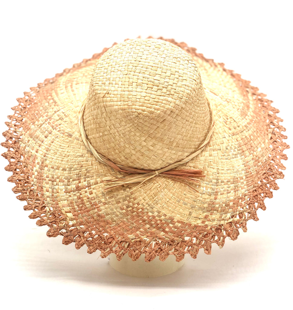 5" Brim Vanessa Ombre Straw Sun Hat Blush and Natural handmade dip dye woven raffia with the color on the outer edge of the hat brim woven into natural as it progresses towards the inner brim with solid natural on the crown and detailed zig zag edging - Shebobo