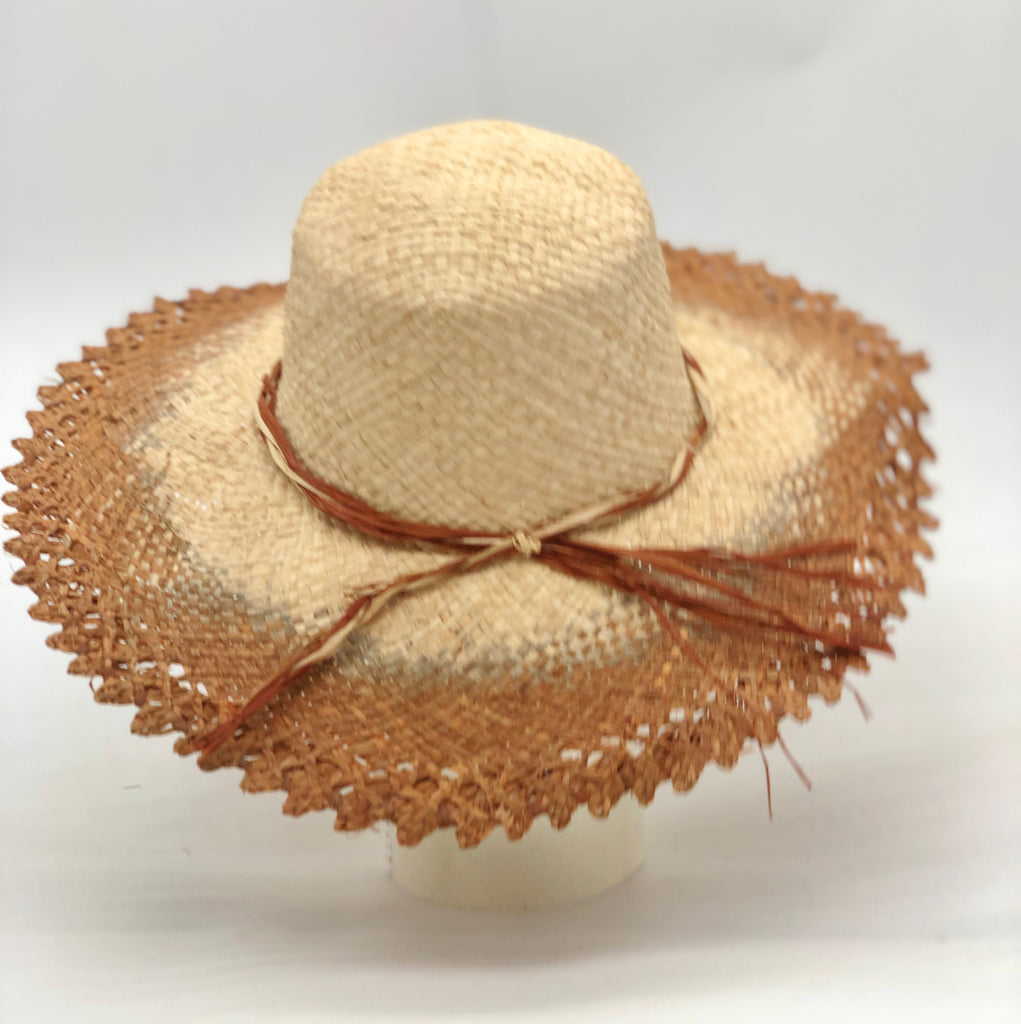 5" Brim Vanessa Ombre Straw Sun Hat Caramel and Natural handmade dip dye woven raffia with the color on the outer edge of the hat brim woven into natural as it progresses towards the inner brim with solid natural on the crown and detailed zig zag edging - Shebobo