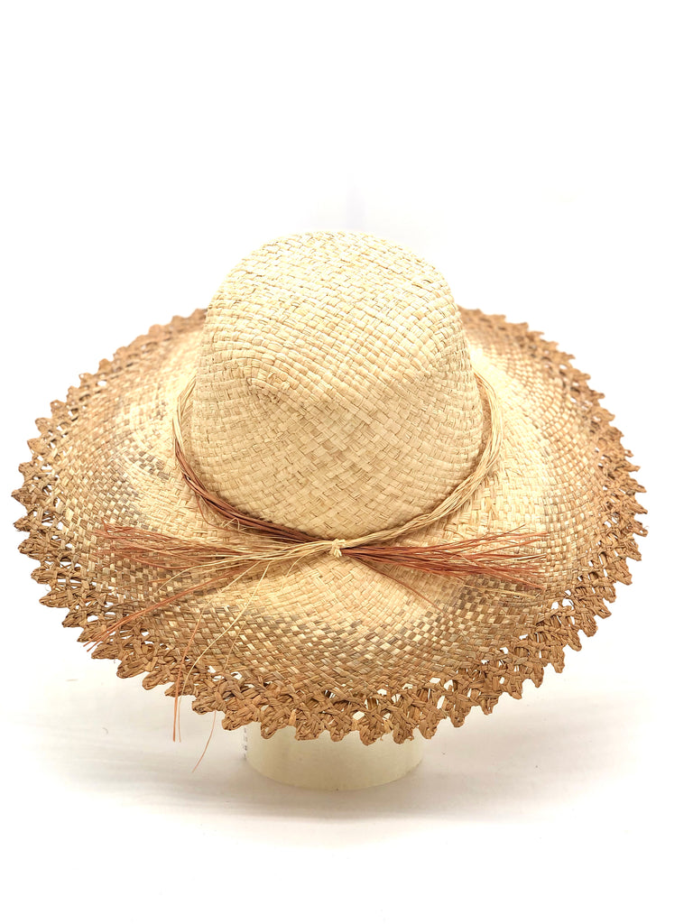 5" Brim Vanessa Ombre Straw Sun Hat Cinnamon and Natural handmade dip dye woven raffia with the color on the outer edge of the hat brim woven into natural as it progresses towards the inner brim with solid natural on the crown and detailed zig zag edging - Shebobo