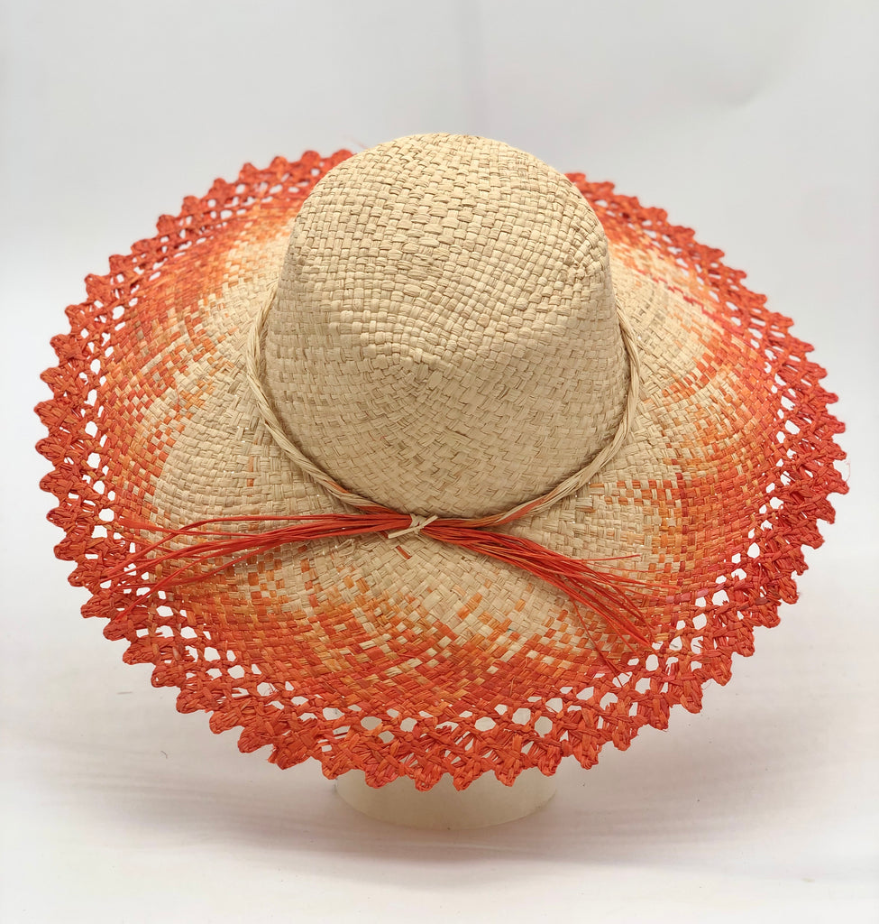 5" Brim Vanessa Ombre Straw Sun Hat Coral and Natural handmade dip dye woven raffia with the color on the outer edge of the hat brim woven into natural as it progresses towards the inner brim with solid natural on the crown and detailed zig zag edging - Shebobo