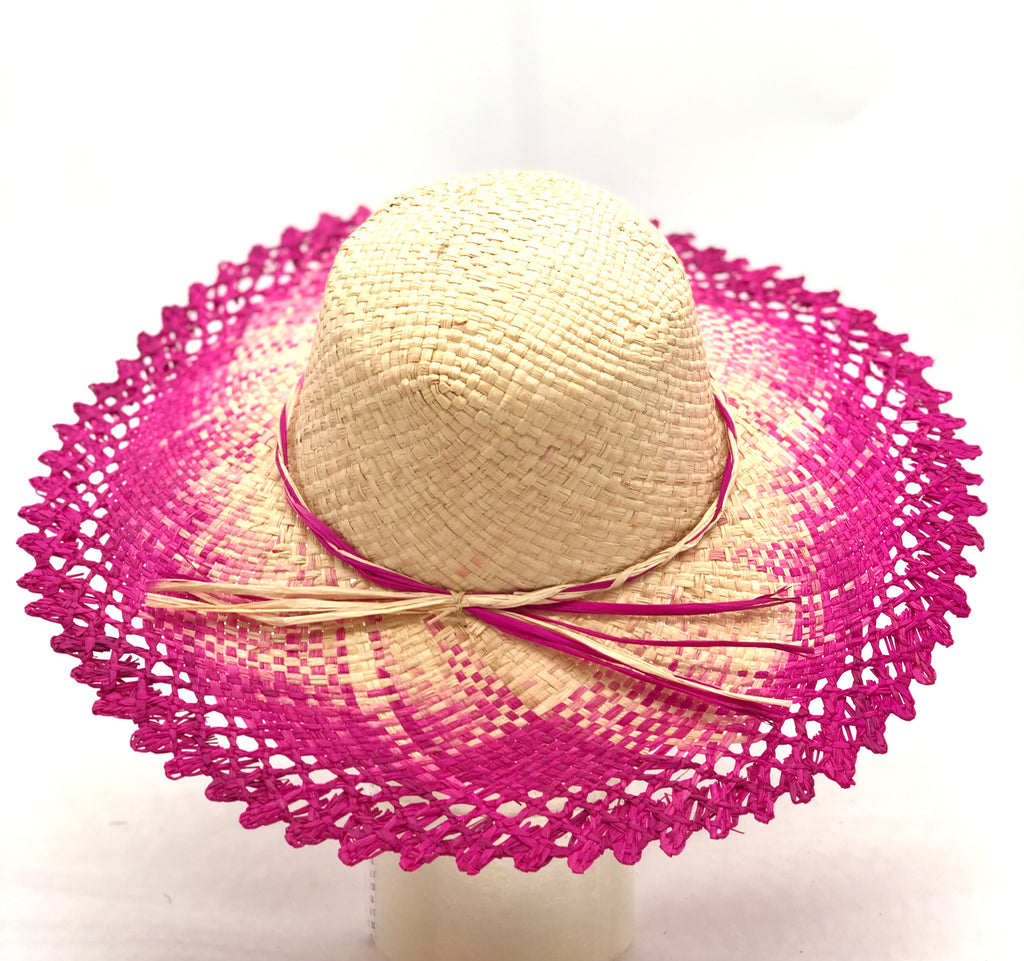 5" Brim Vanessa Ombre Straw Sun Hat Fuchsia and Natural handmade dip dye woven raffia with the color on the outer edge of the hat brim woven into natural as it progresses towards the inner brim with solid natural on the crown and detailed zig zag edging - Shebobo