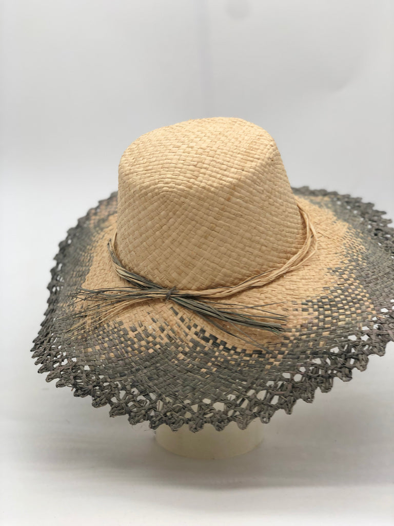 5" Brim Vanessa Ombre Straw Sun Hat Grey and Natural handmade dip dye woven raffia with the color on the outer edge of the hat brim woven into natural as it progresses towards the inner brim with solid natural on the crown and detailed zig zag edging - Shebobo