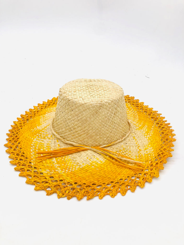5" Brim Vanessa Ombre Straw Sun Hat Saffron and Natural handmade dip dye woven raffia with the color on the outer edge of the hat brim woven into natural as it progresses towards the inner brim with solid natural on the crown and detailed zig zag edging - Shebobo