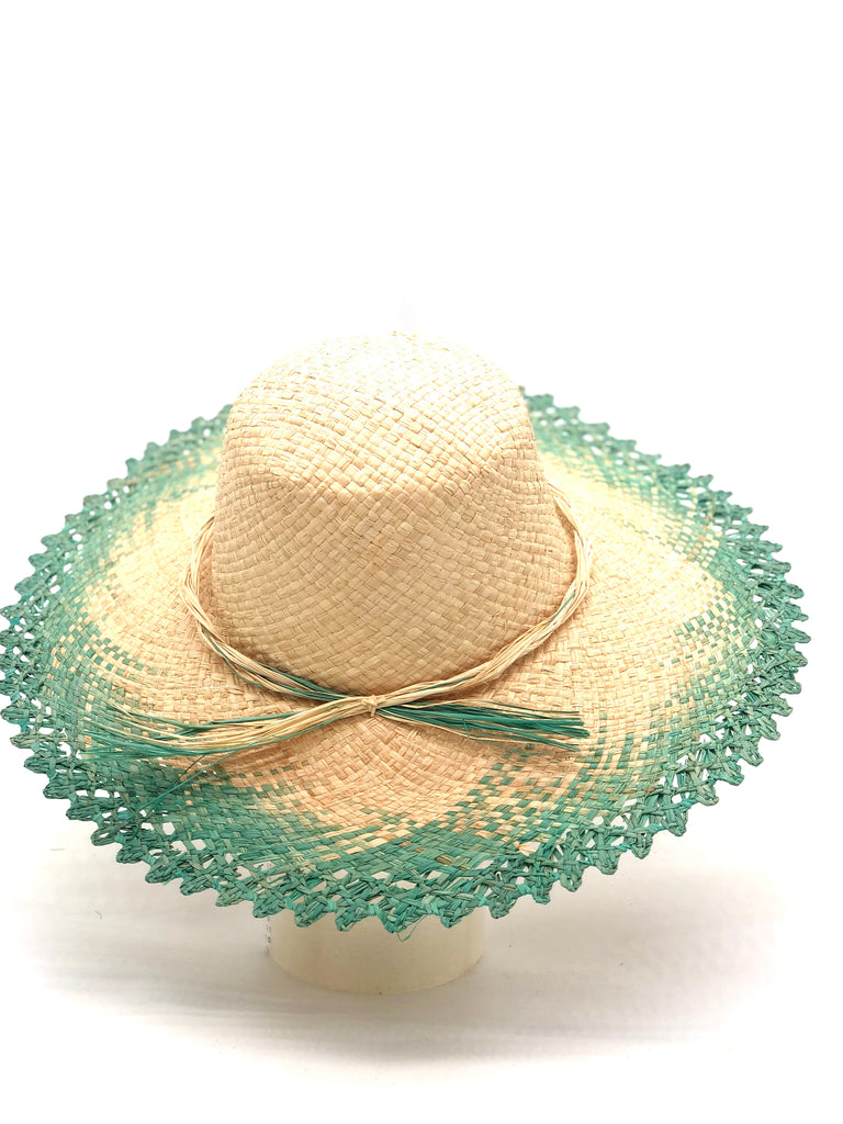 5" Brim Vanessa Ombre Straw Sun Hat Seafoam and Natural handmade dip dye woven raffia with the color on the outer edge of the hat brim woven into natural as it progresses towards the inner brim with solid natural on the crown and detailed zig zag edging - Shebobo