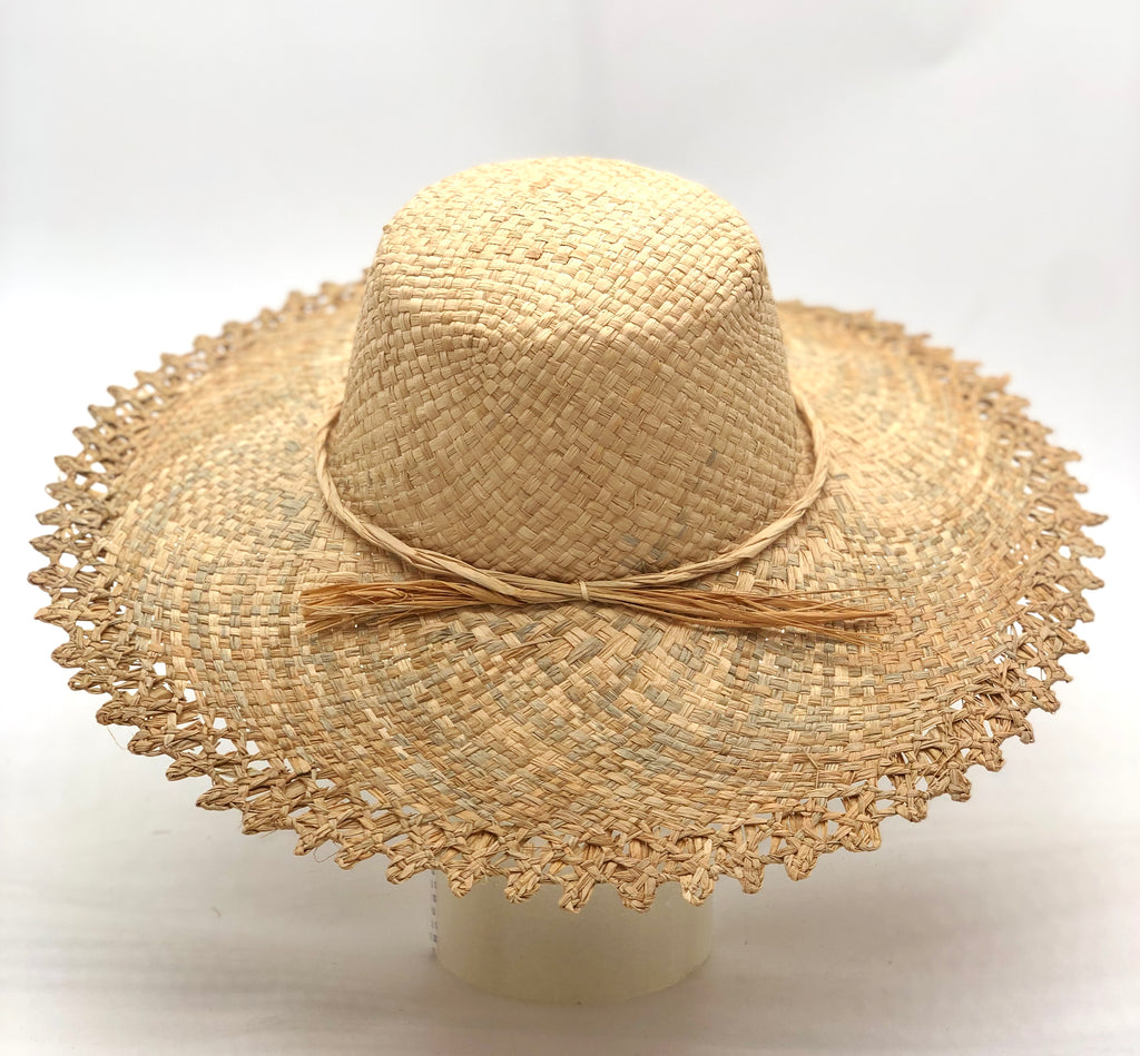5" Brim Vanessa Ombre Straw Sun Hat Wheat and Natural handmade dip dye woven raffia with the color on the outer edge of the hat brim woven into natural as it progresses towards the inner brim with solid natural on the crown and detailed zig zag edging - Shebobo