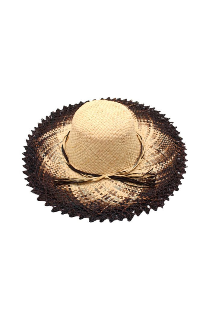 5" Brim Vanessa Ombre Straw Sun Hat Black and Natural handmade dip dye woven raffia with the color on the outer edge of the hat brim woven into natural as it progresses towards the inner brim with solid natural on the crown and detailed zig zag edging - Shebobo