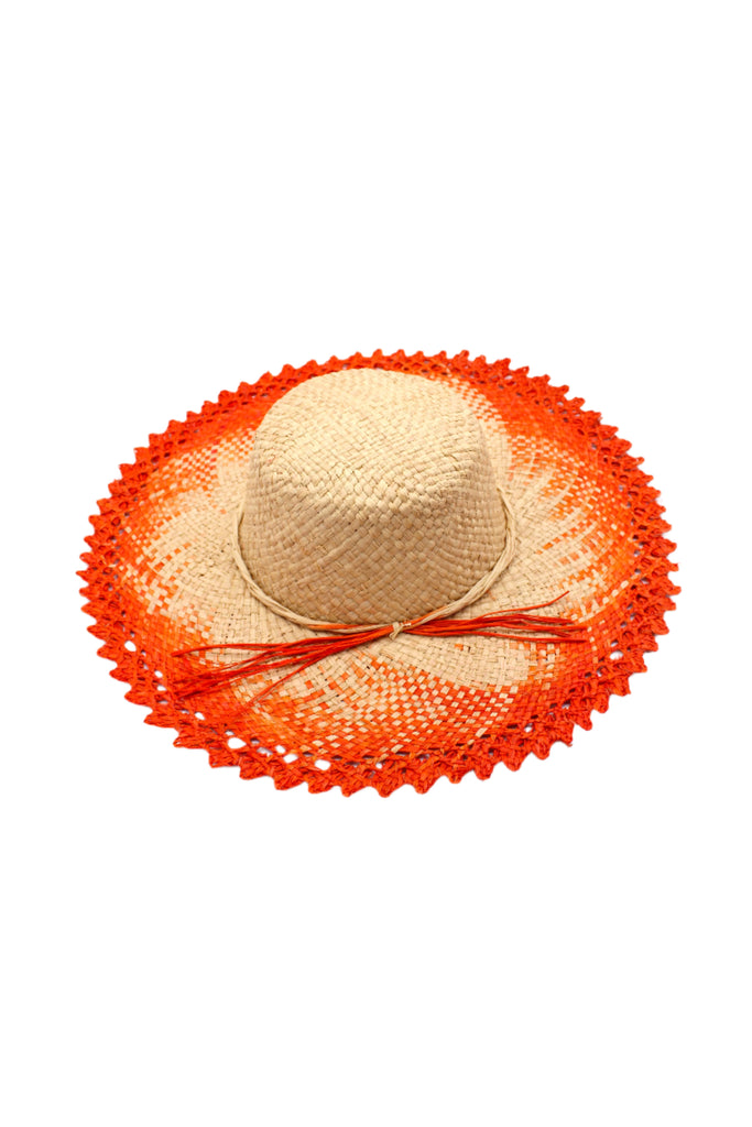 5" Brim Vanessa Ombre Straw Sun Hat Coral and Natural handmade dip dye woven raffia with the color on the outer edge of the hat brim woven into natural as it progresses towards the inner brim with solid natural on the crown and detailed zig zag edging - Shebobo