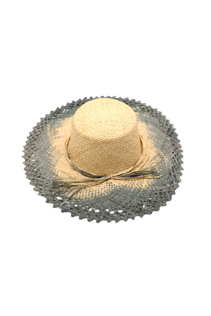 5" Brim Vanessa Ombre Straw Sun Hat Grey and Natural handmade dip dye woven raffia with the color on the outer edge of the hat brim woven into natural as it progresses towards the inner brim with solid natural on the crown and detailed zig zag edging - Shebobo