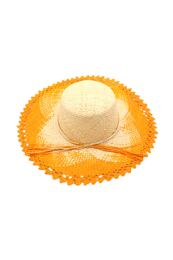 5" Brim Vanessa Ombre Straw Sun Hat Saffron and Natural handmade dip dye woven raffia with the color on the outer edge of the hat brim woven into natural as it progresses towards the inner brim with solid natural on the crown and detailed zig zag edging - Shebobo