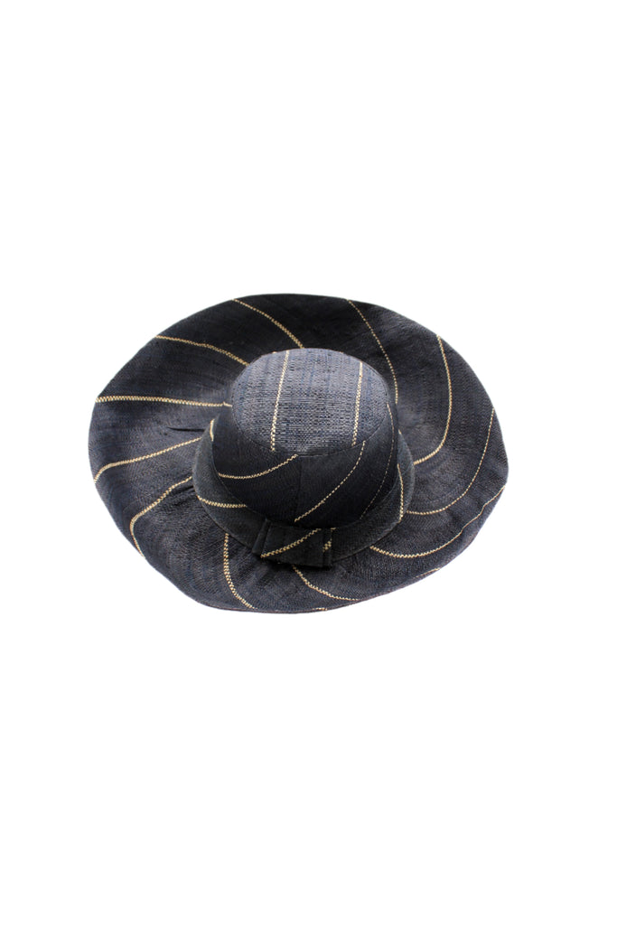 5" or 7" Wide Brim Black Pinstripes Packable Straw Sun Hat handmade loomed raffia in wide bands of black with narrow bands of natural straw color create a striped swirl pattern - Shebobo