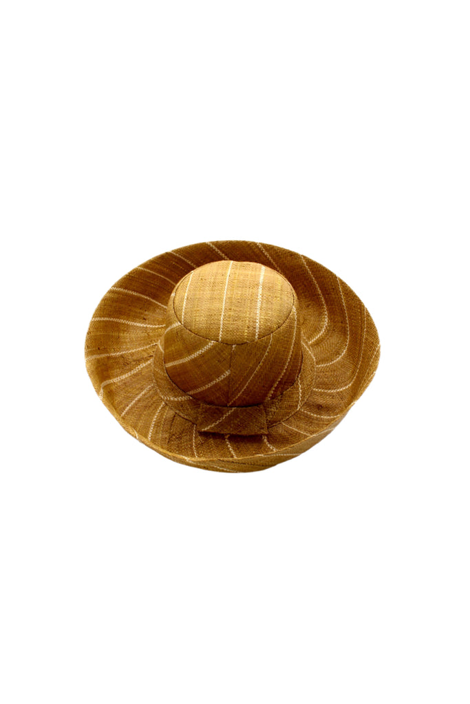 5" & 7" Wide Brim Cinnamon Pinstripes Packable Straw Sun Hat handmade loomed raffia in wide bands of cinnamon/tobacco/brown with narrow bands of natural straw color create a striped swirl pattern - Shebobo