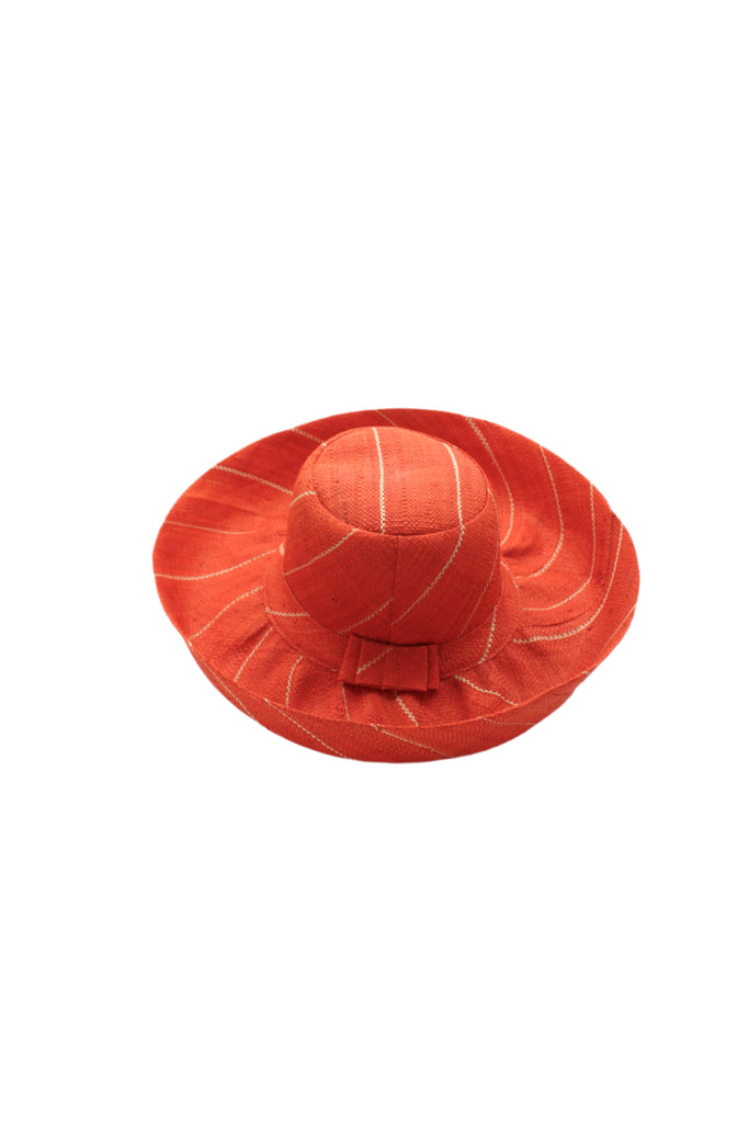 5" & 7" Wide Brim Coral Pinstripes Packable Straw Sun Hat handmade loomed raffia in wide stripes of coral red/orange with narrow stripes of natural creating a swirl pattern - Shebobo