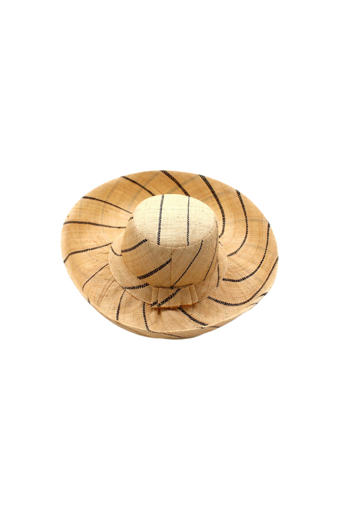 5 inch or 7 inch wide brim natural and black pinstripes packable raffia straw hat handmade loomed raffia in wide bands of natural straw color with black narrow bands create a stripe swirl pattern - Shebobo