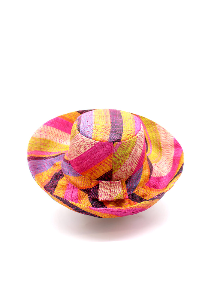 5" & 7" Wide Brim Blue Rainbow Multicolor Stripes Packable Straw Sun Hat Handmade loomed raffia multi width bands of turquoise blue, lime green, fuchsia pink, orange, yellow, purple, black, and natural straw color create a swirl pattern - Shebobo