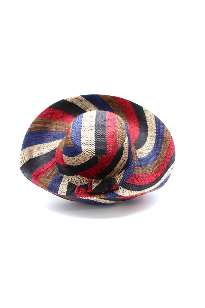 5" & 7" Wide Brim Dark & Moody Multicolor Stripes Packable Straw Sun Hat handmade loomed raffia in bands of natural, navy blue, red, black, and cinnamon/tobacco/brown stripes create a swirl pattern - Shebobo