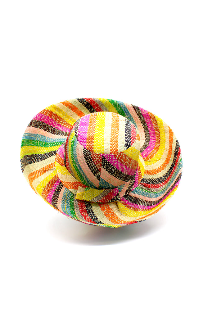 5" & 7" Wide Brim Lollipop Multicolor Stripes Packable Straw Sun Hat Handmade loomed raffia in multi width bands of saffron yellow, fuchsia pink, turquoise blue, black, grass green, seafoam blue/green, pink, yellow, orange, blue, red, whiskey brown, natural straw color, etc. create a swirl pattern - Shebobo