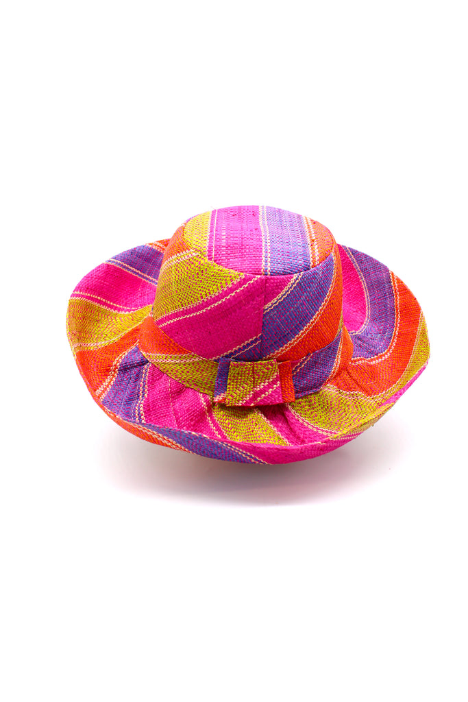 5" & 7" Wide Brim Midori Swirl Multicolor Stripes Packable Straw Sun Hat Handmade loomed raffia in multi width bands of orange, lime green, fuchsia pink, purple, etc. create a swirl pattern - Shebobo