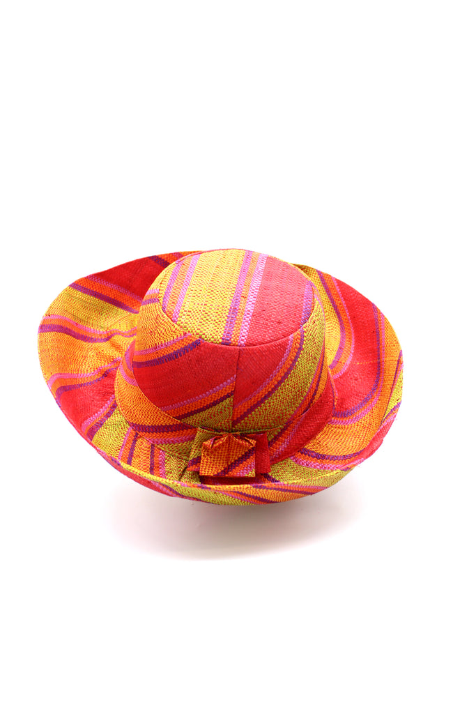 5" & 7" Wide Brim Orange & Lime Swirl Multicolor Stripes Packable Straw Sun Hat Handmade loomed raffia in multi width bands of saffron yellow, pink, orange, purple, etc. create a swirl pattern - Shebobo