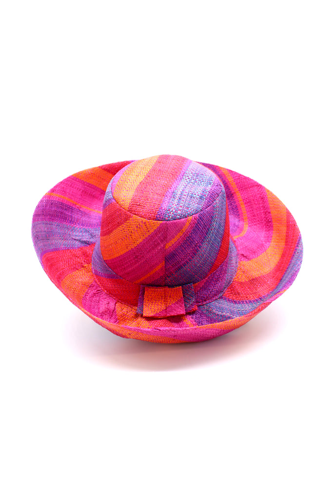 5" & 7" Wide Brim Sherbert Swirl Multicolor Stripes Packable Straw Sun Hat Handmade loomed raffia in multi width bands of saffron yellow, fuchsia pink, blue, purple, orange, red, etc. create a swirl pattern - Shebobo