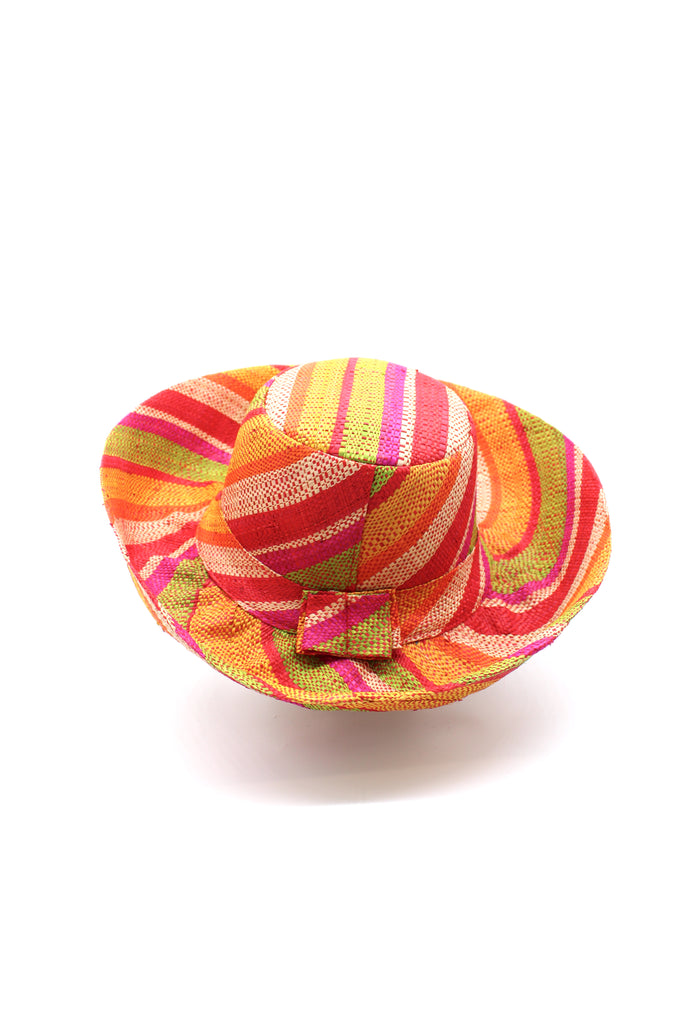 5" & 7" Wide Brim Sunrise Stripe Multicolor Stripes Packable Straw Sun Hat Handmade loomed raffia in multi width bands of saffron yellow, fuchsia pink, orange, red, lime green, and natural create a swirl pattern - Shebobo