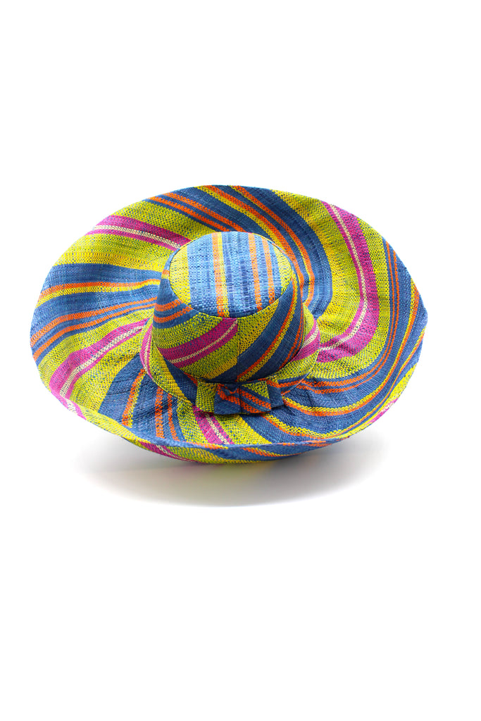 5" & 7" Wide Brim Turquoise and Lime Multicolor Stripes Packable Straw Sun Hat Handmade loomed raffia multi width bands of turquoise blue, lime green, fuchsia pink, orange, yellow, and natural straw color create a swirl pattern - Shebobo