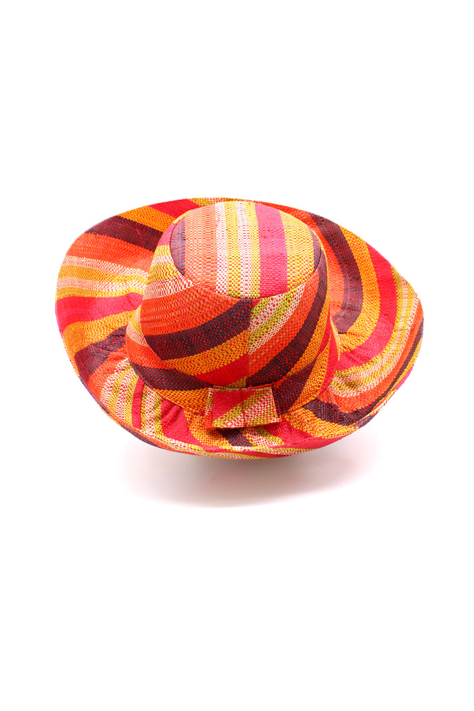 5" & 7" Wide Brim Orange Stripe Multicolor Stripes Packable Straw Sun Hat Handmade loomed raffia multi width bands of orange, yellow, red, black, lime green, and natural straw color create a swirl pattern - Shebobo