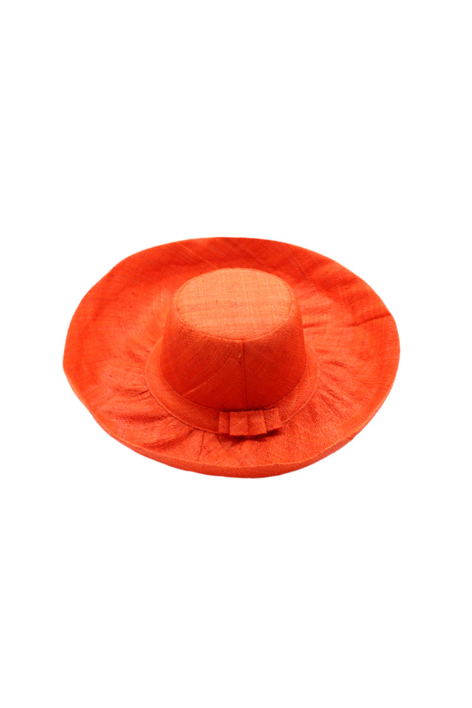 5" & 7" Wide Brim Solid Color Packable Straw Sun Hat handmade loomed raffia in a solid hue of coral orange/red  - Shebobo